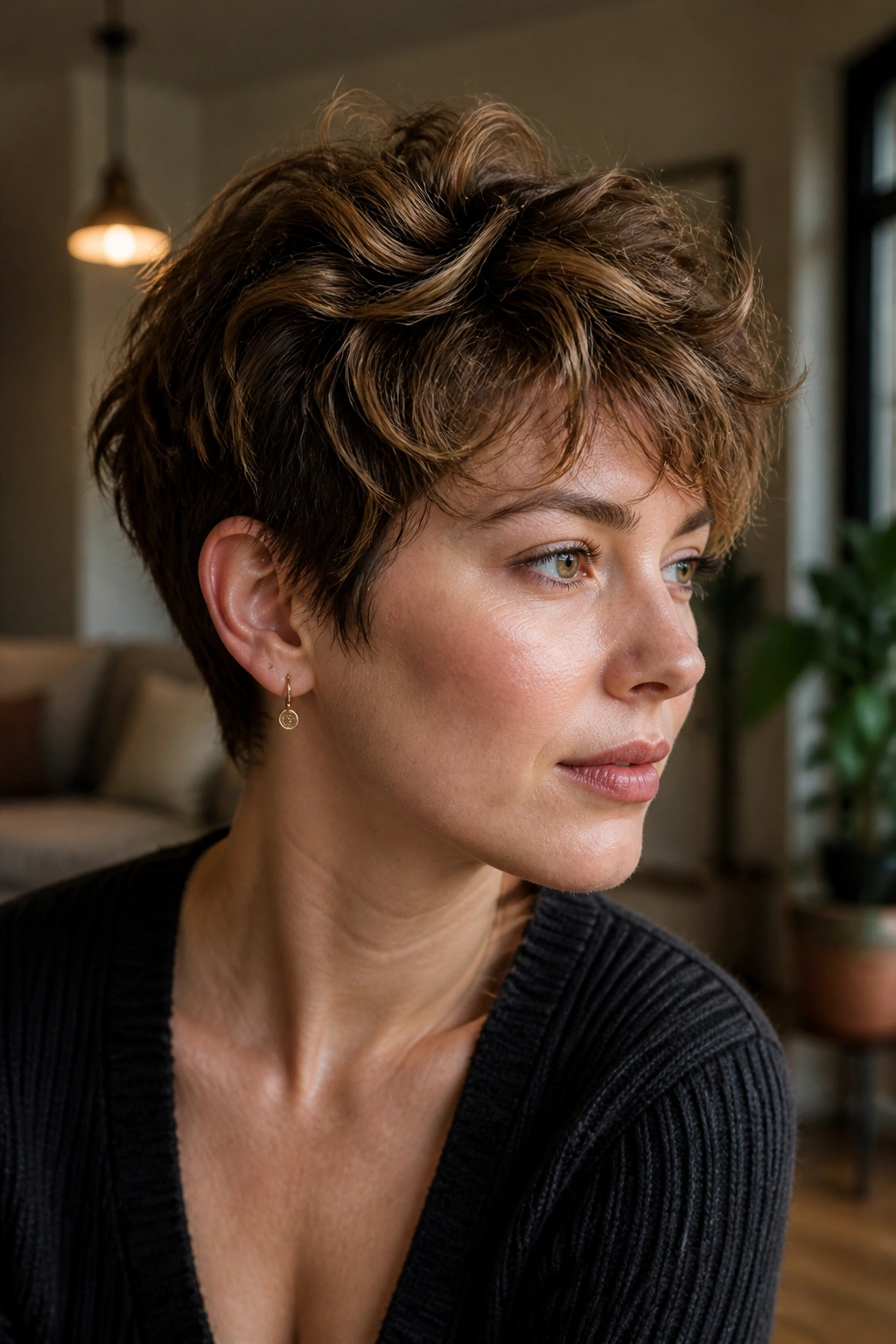 Close-up of a real woman with a textured bixie hairstyle