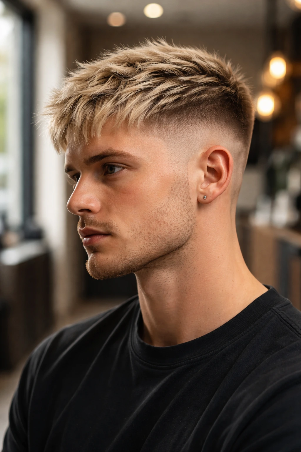 Portrait of a person with a textured blonde crop and tapered fade