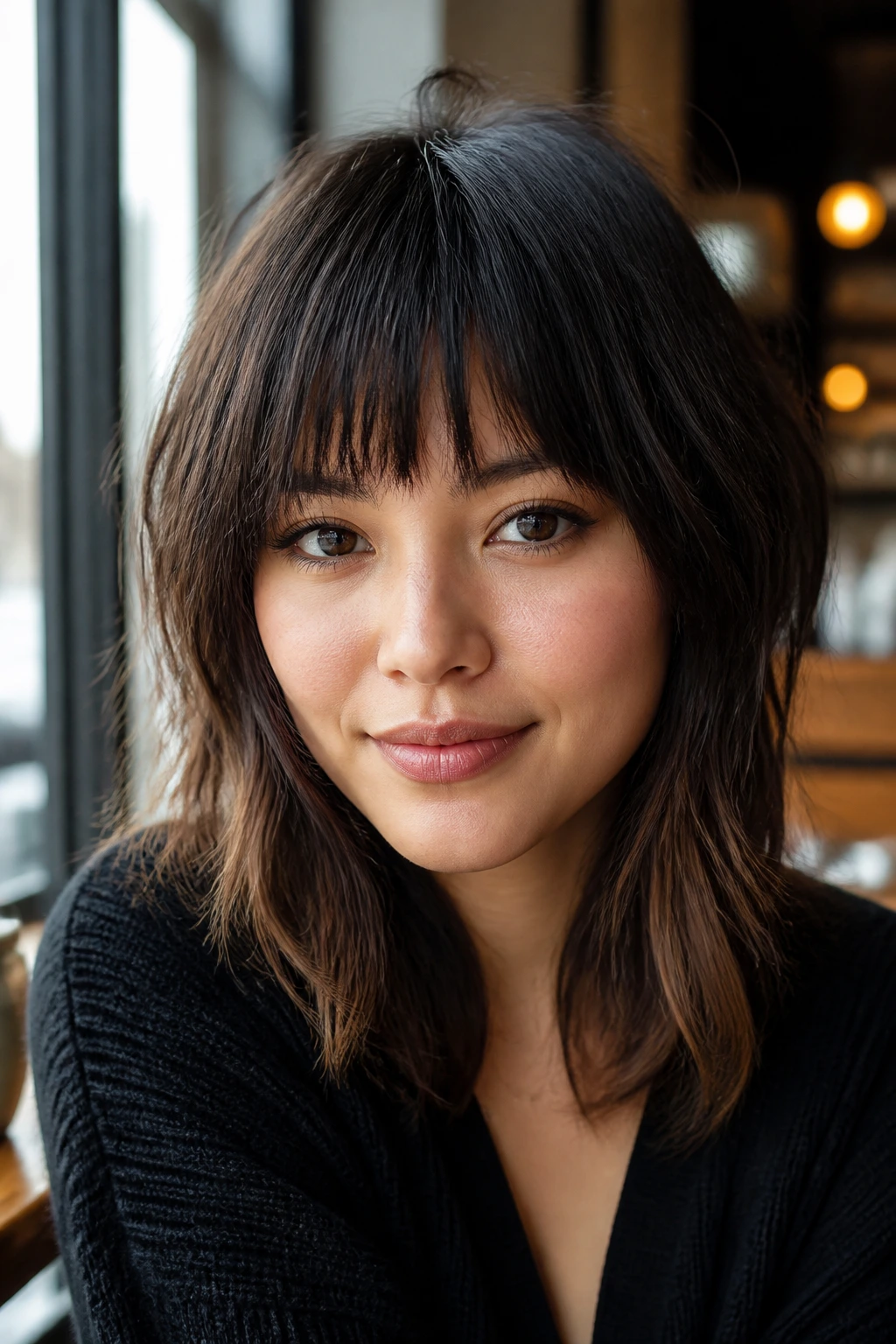 Close-up portrait of a real woman with textured blunt bangs above the eyebrows.