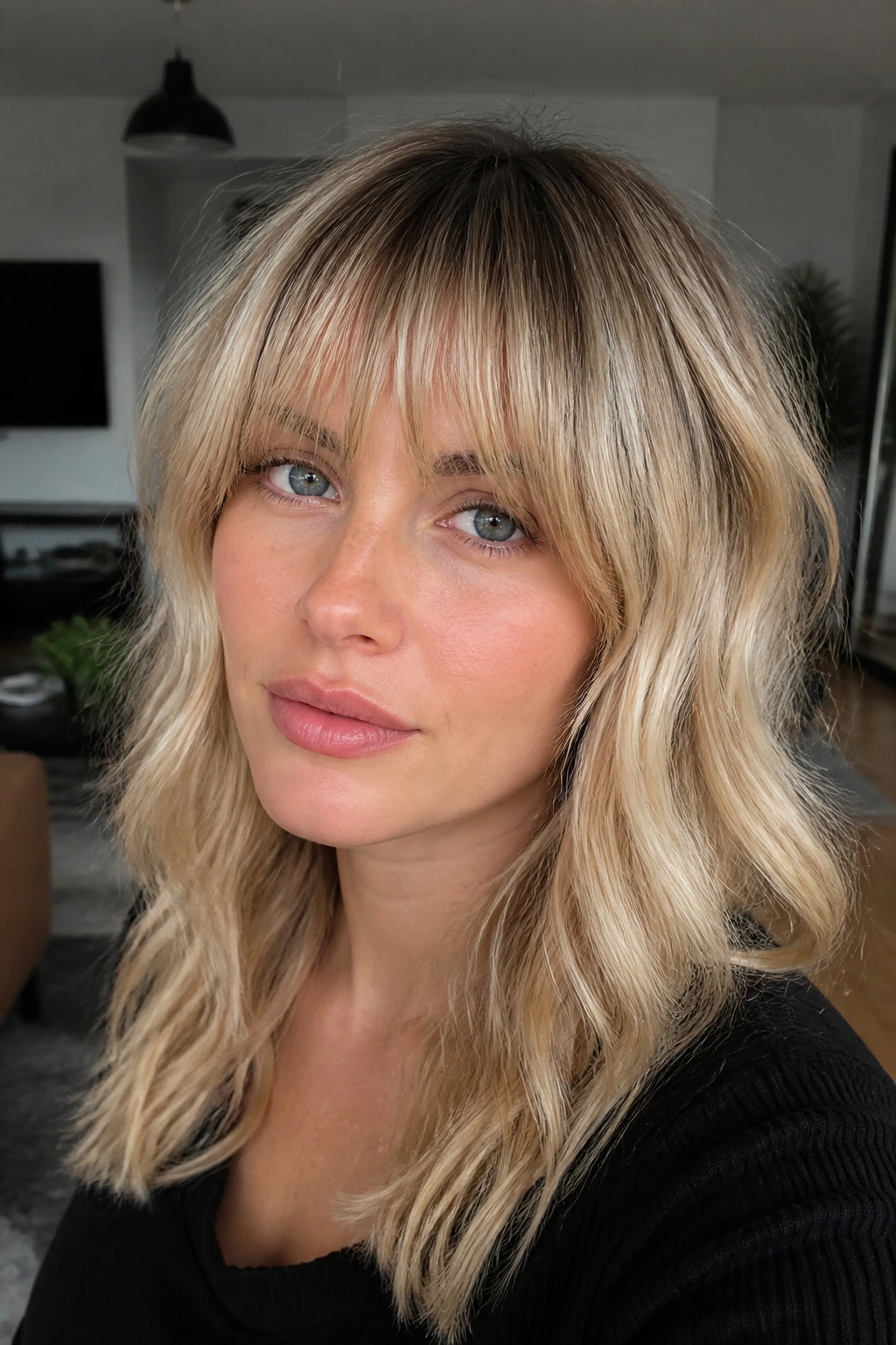 Woman with textured blunt bangs and rooty blonde shadow close-up