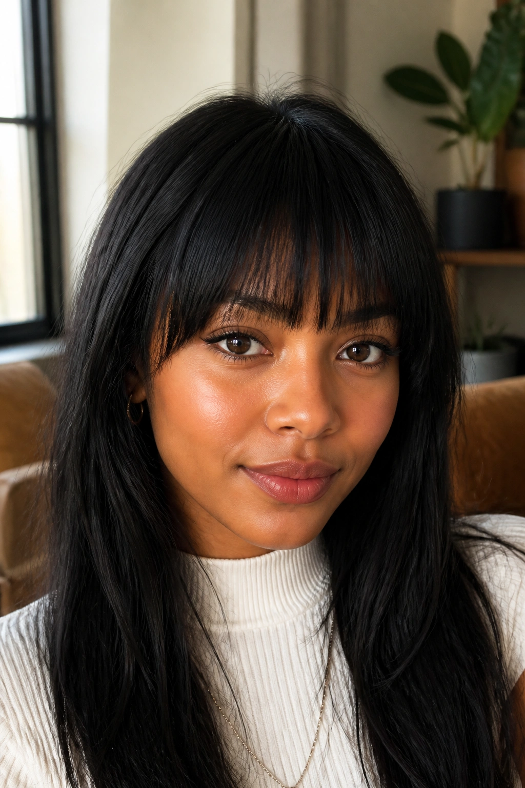 Close-up of textured blunt bangs with soft edges on a real woman under natural light