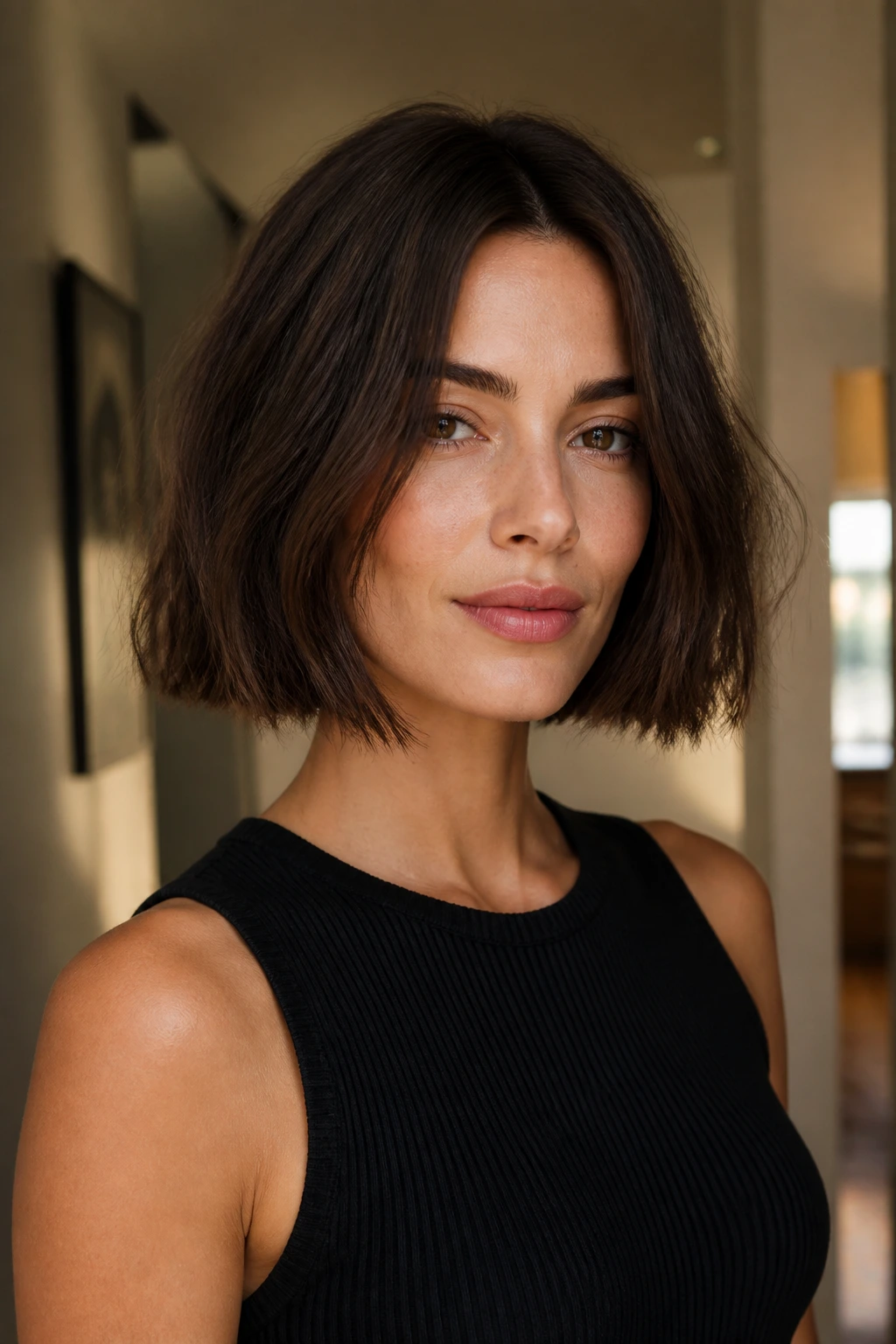 Portrait of a real woman with a textured blunt bob
