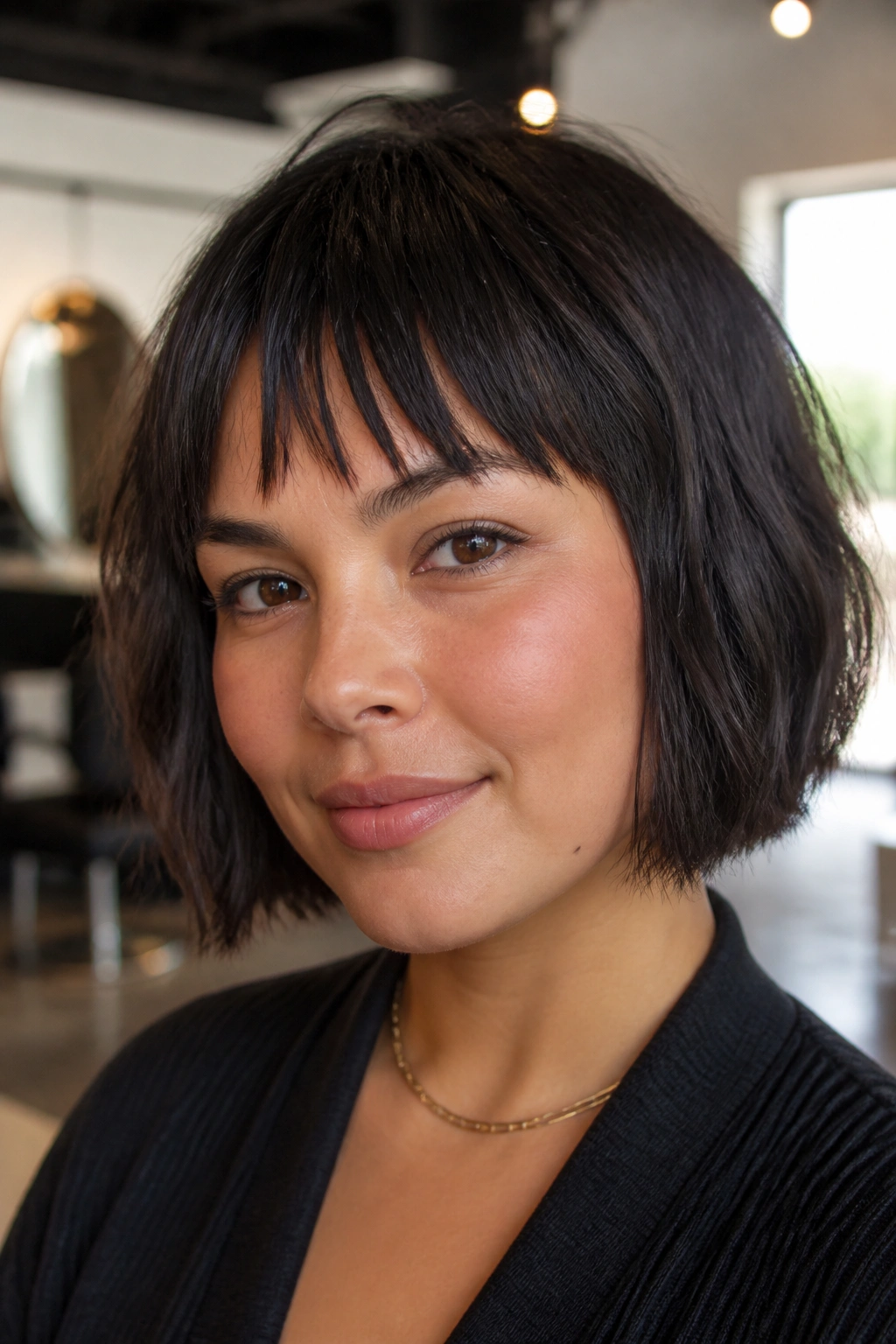 Close-up portrait of a real woman with textured blunt bob and jagged fringe