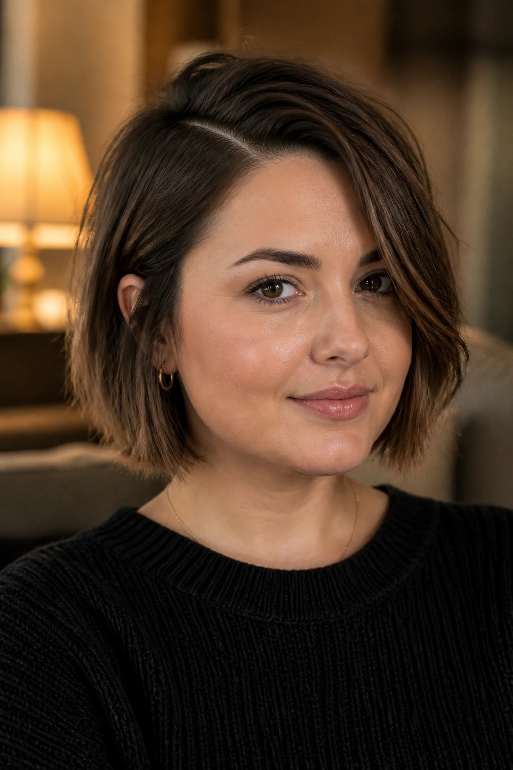 Close-up portrait of a real woman with textured blunt bob and deep side part