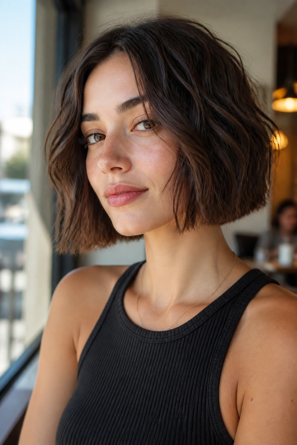 Portrait of a woman with a textured blunt bob in a cafe