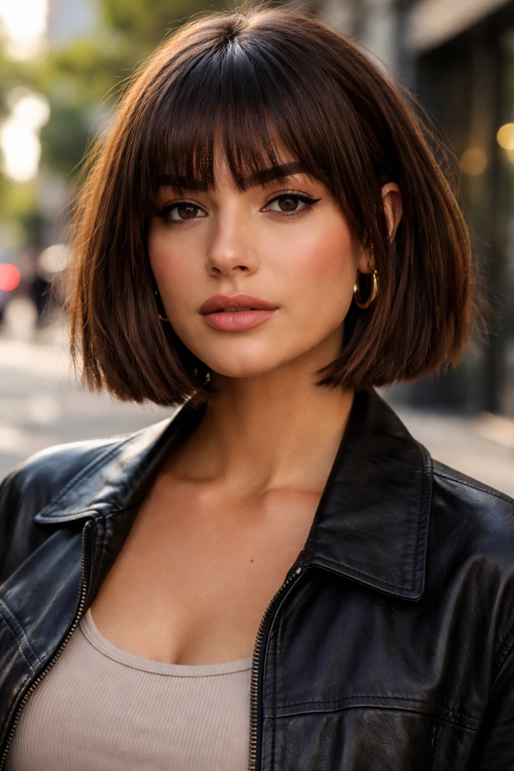 Portrait of a woman with textured blunt cut bob and blunt bangs.