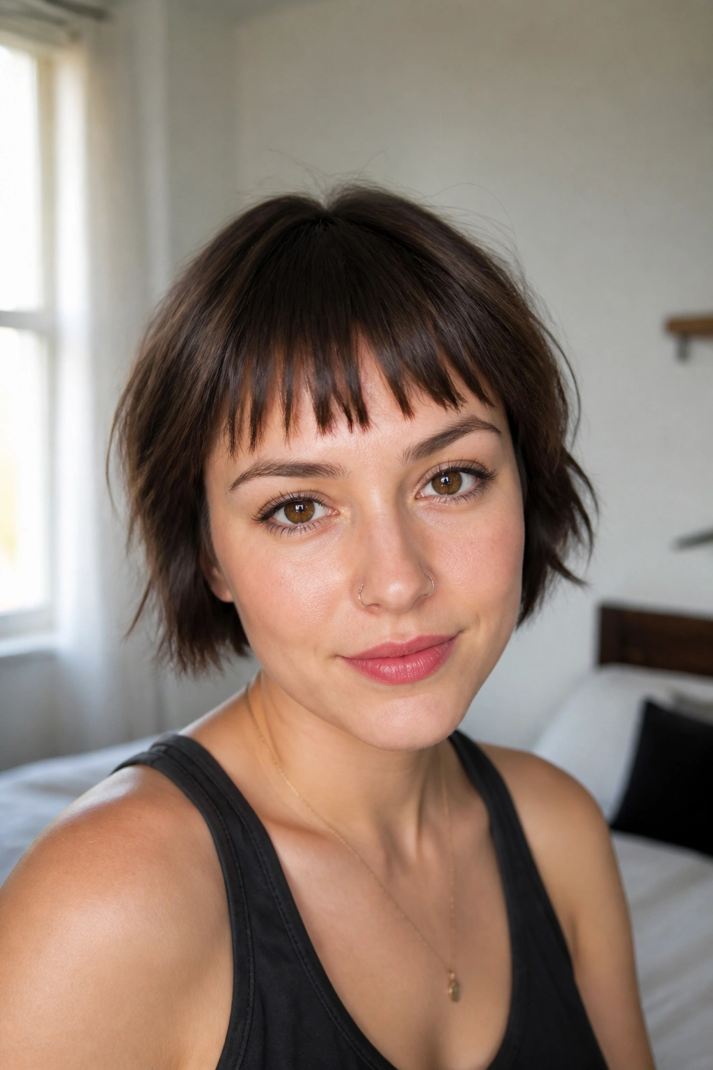 Close-up of a real woman with textured blunt fringe in natural light