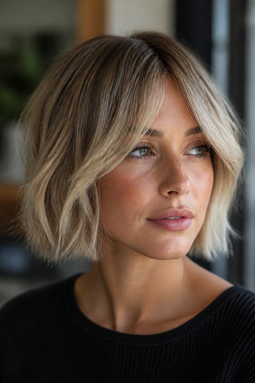 Close-up of a woman with a textured bob and bottleneck bangs
