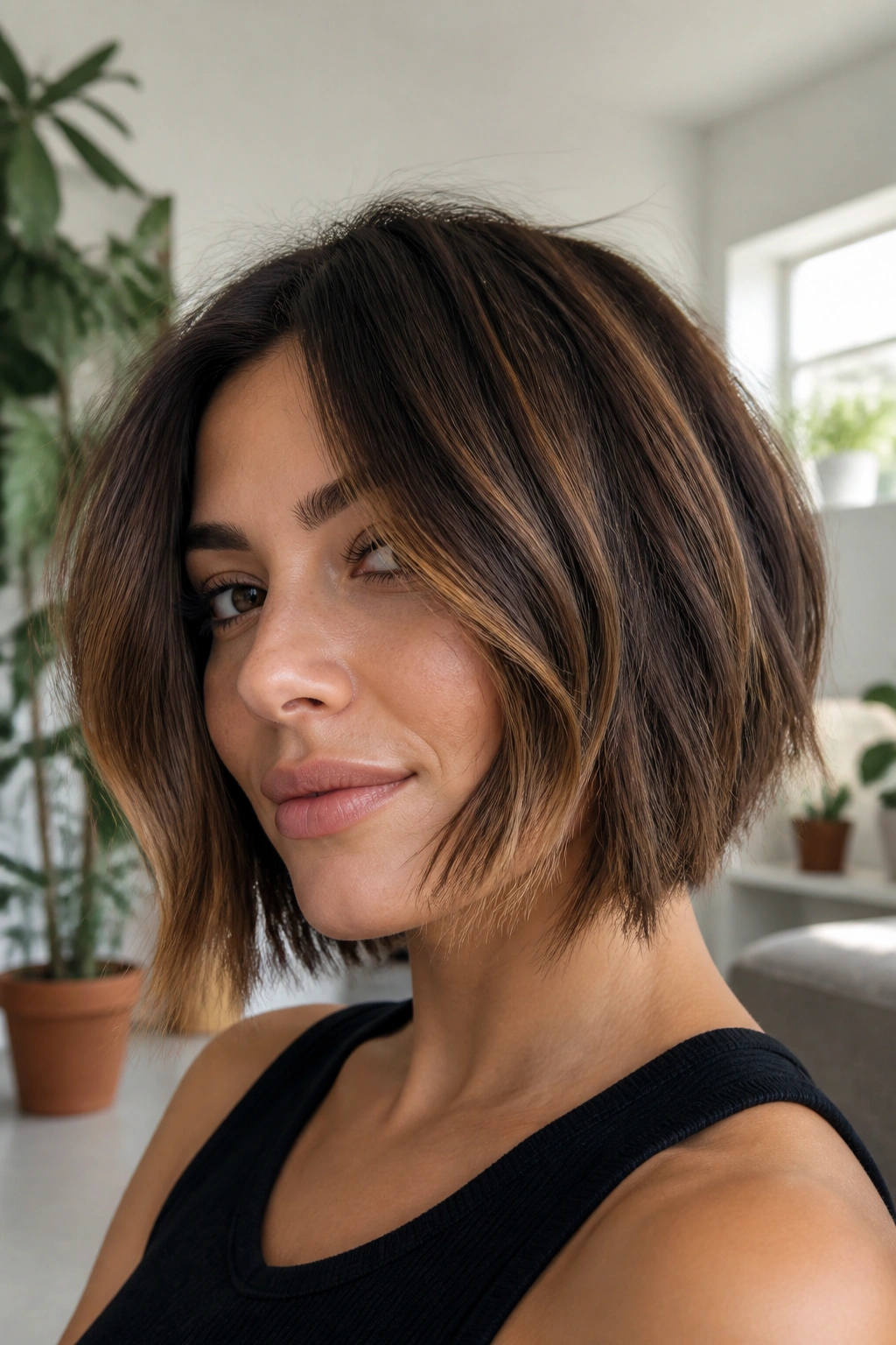 Real woman with textured bob and carved face framing