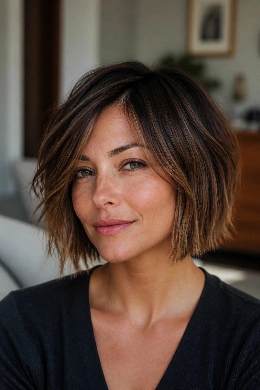 Real woman with textured bob and choppy ends showing movement at the ends.
