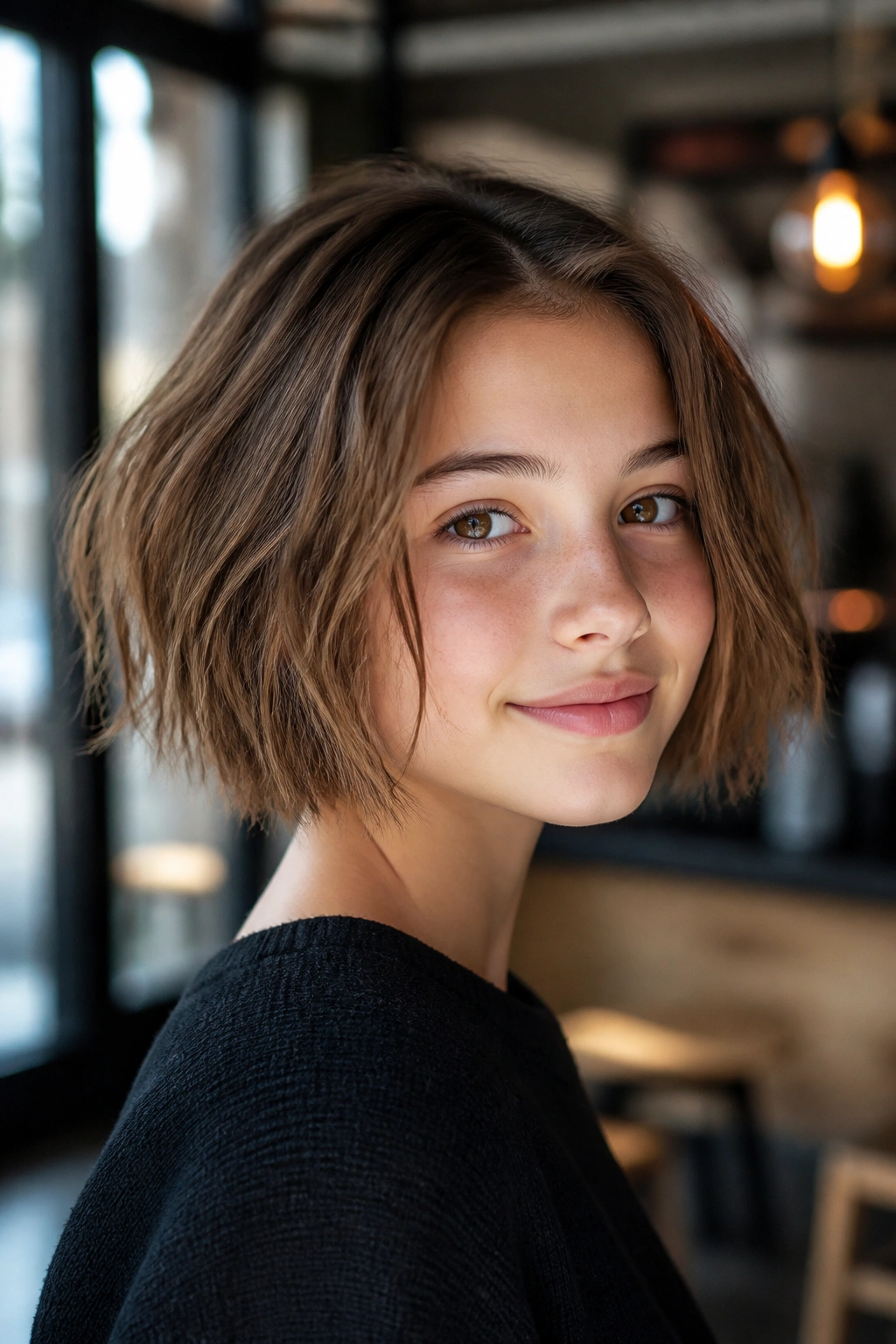 Close-up portrait of a girl with textured bob and choppy ends