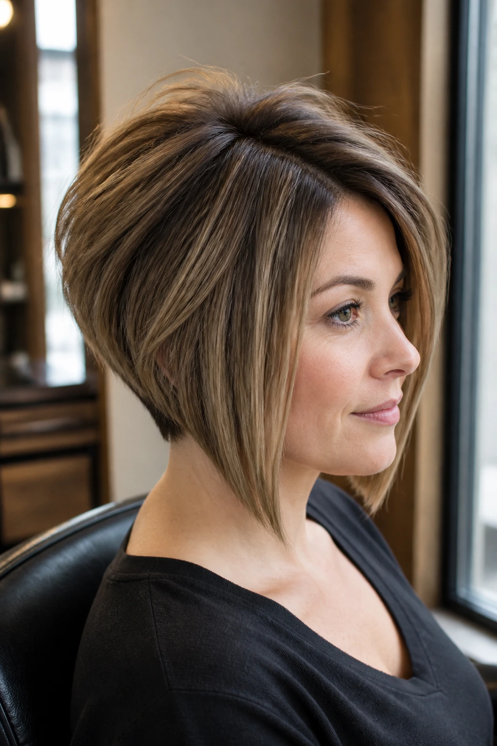 Close-up portrait of a real woman with a textured A-Line Bob and crown lift.