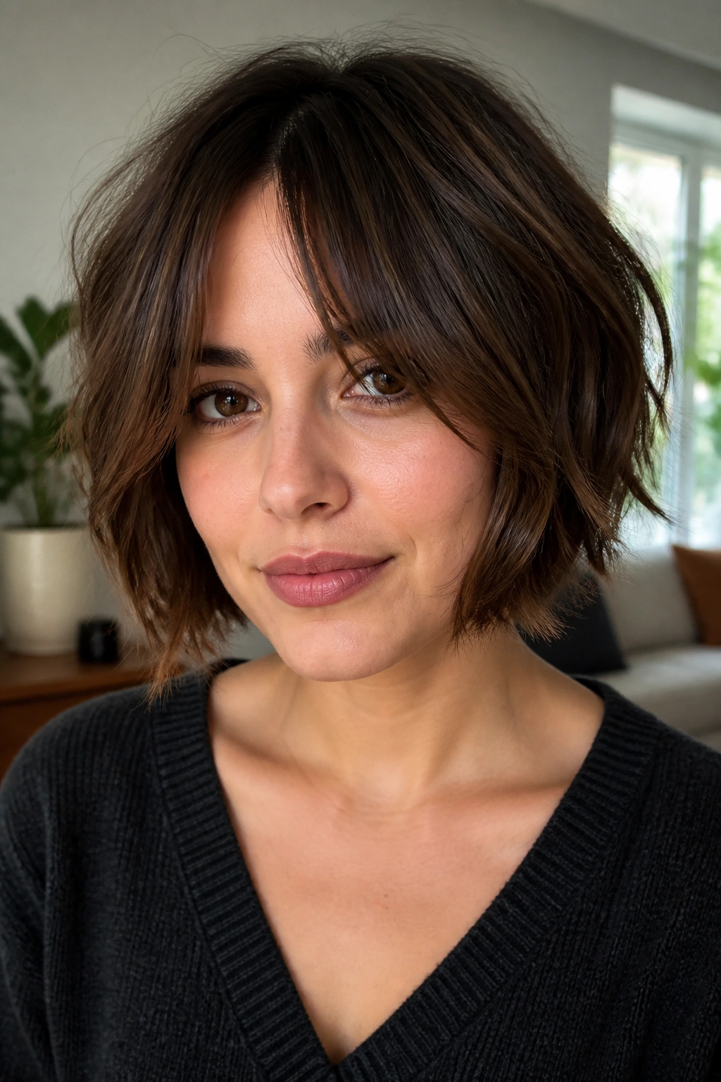 Close-up of a real woman with a textured bob and curtain bangs in natural window light.
