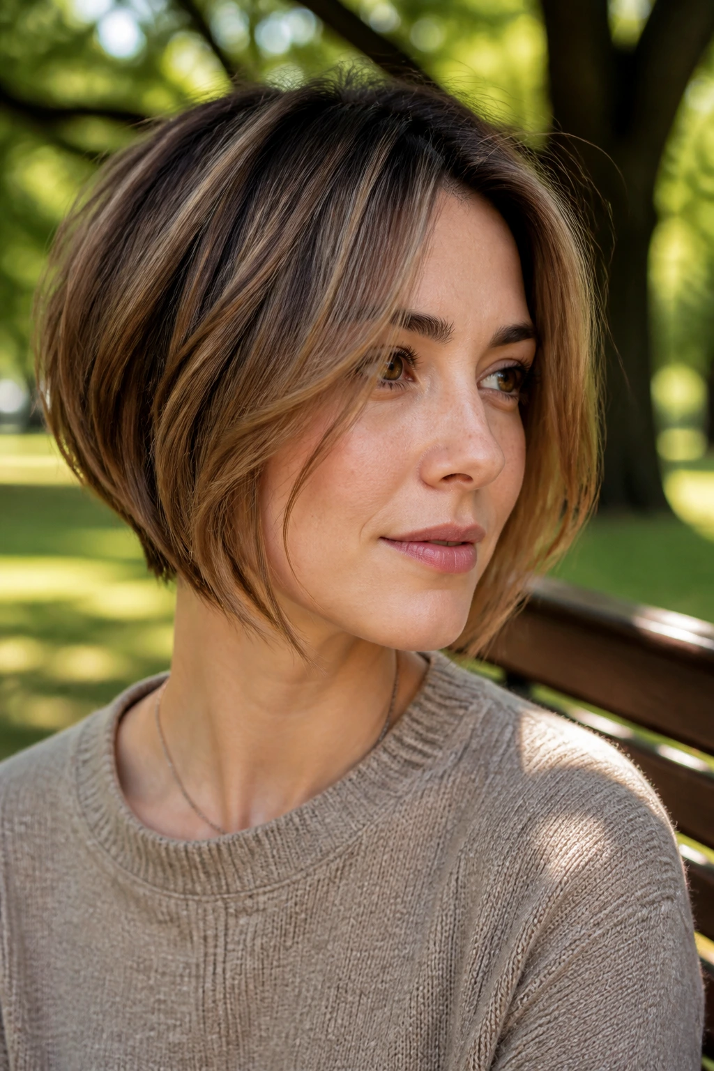 Close-up portrait of a real woman with a textured graduated bob and face-framing pieces in soft natural light