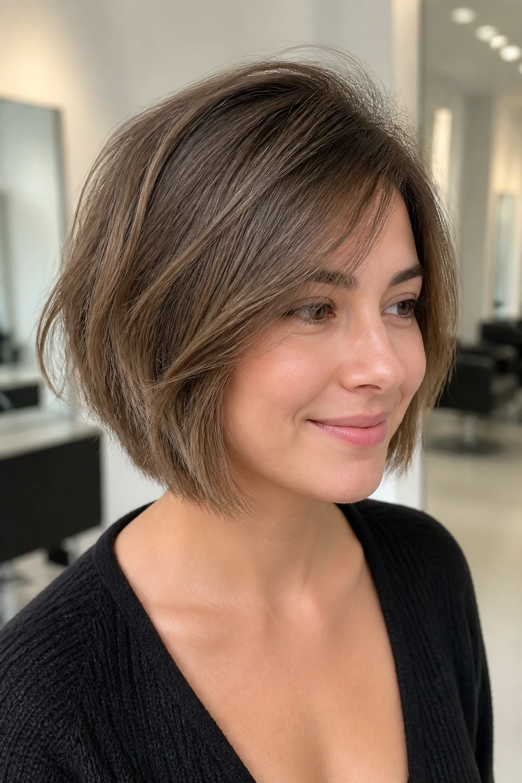 Portrait of a real person with a textured bob for fine hair in a bright salon