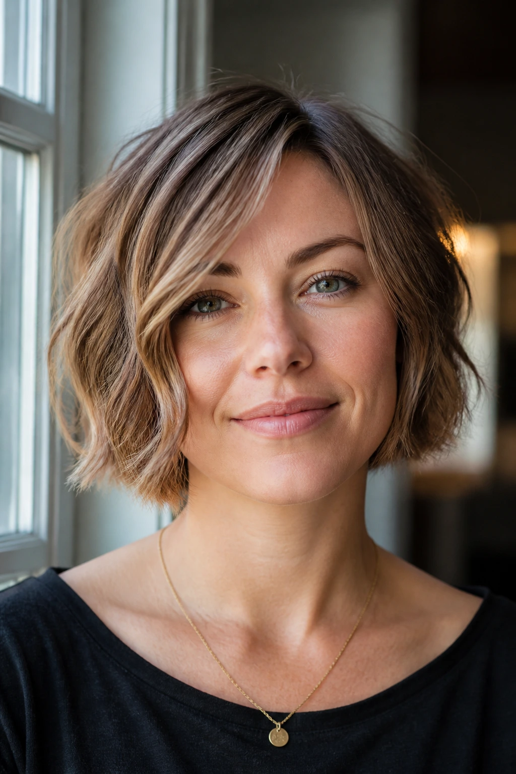 Close-up of a real woman with a textured bob for fine hair showing mid-length texture