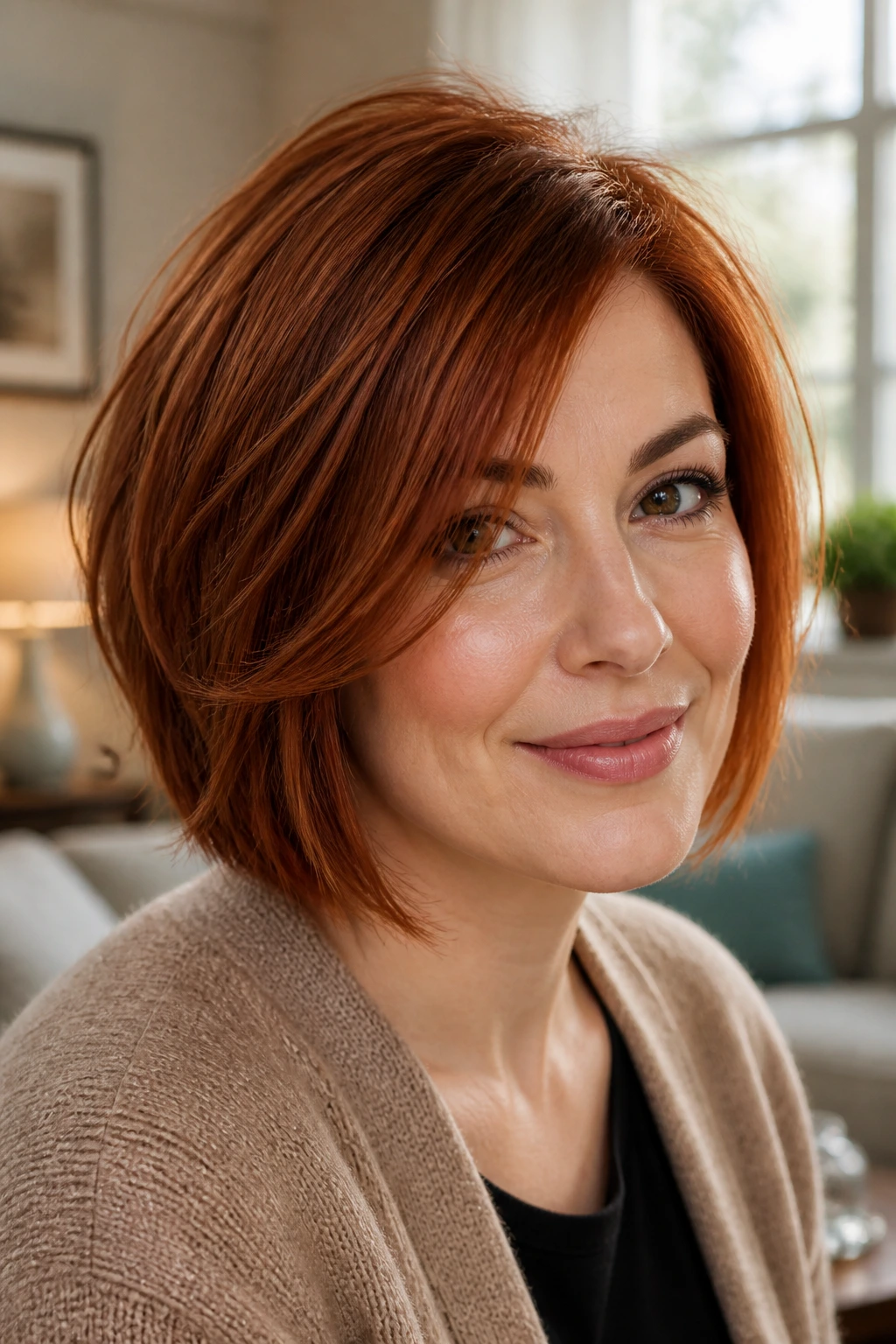 Close-up of a real person with textured bob and hidden internal layers in auburn copper