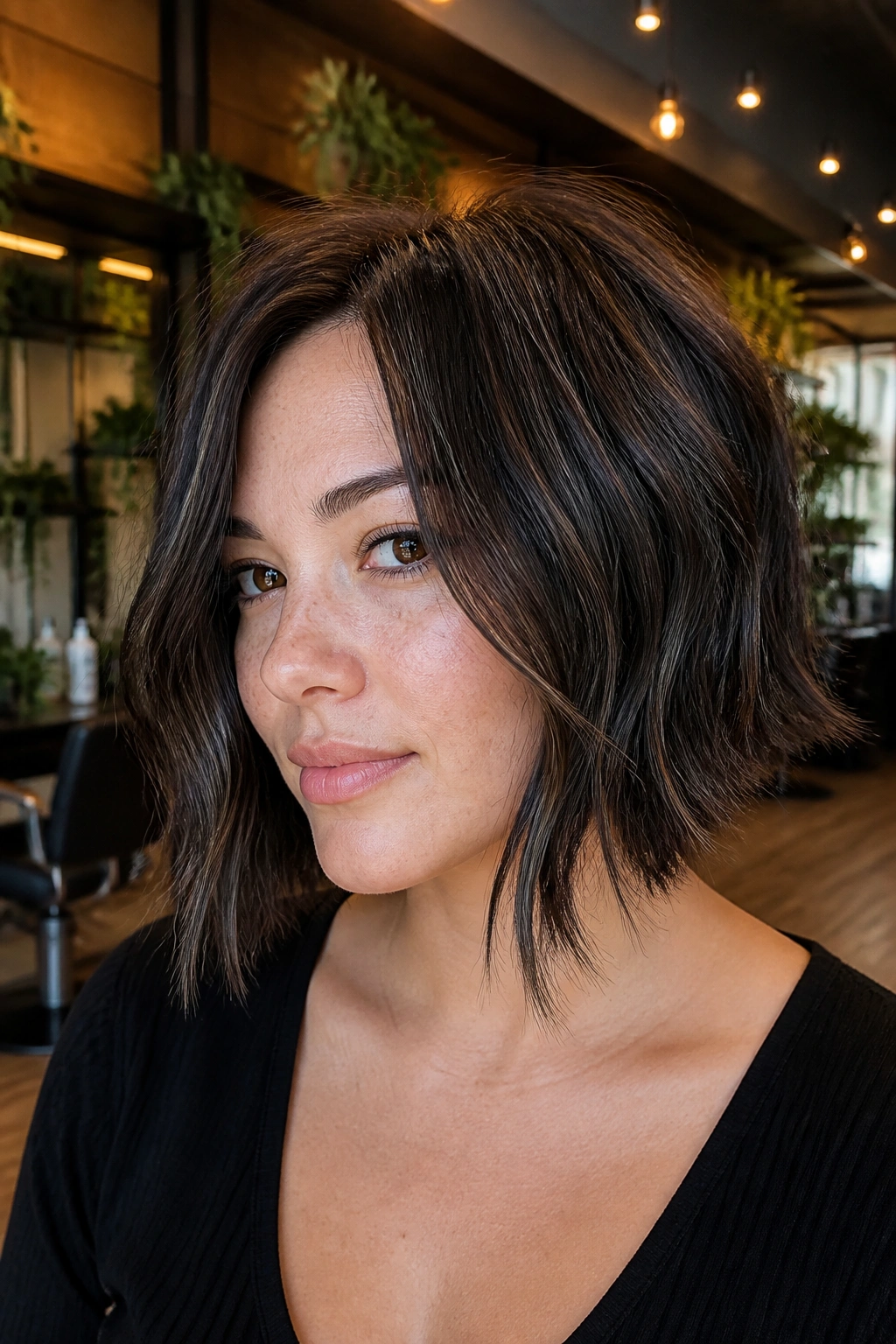 Close-up of a textured bob with black highlights on a real person