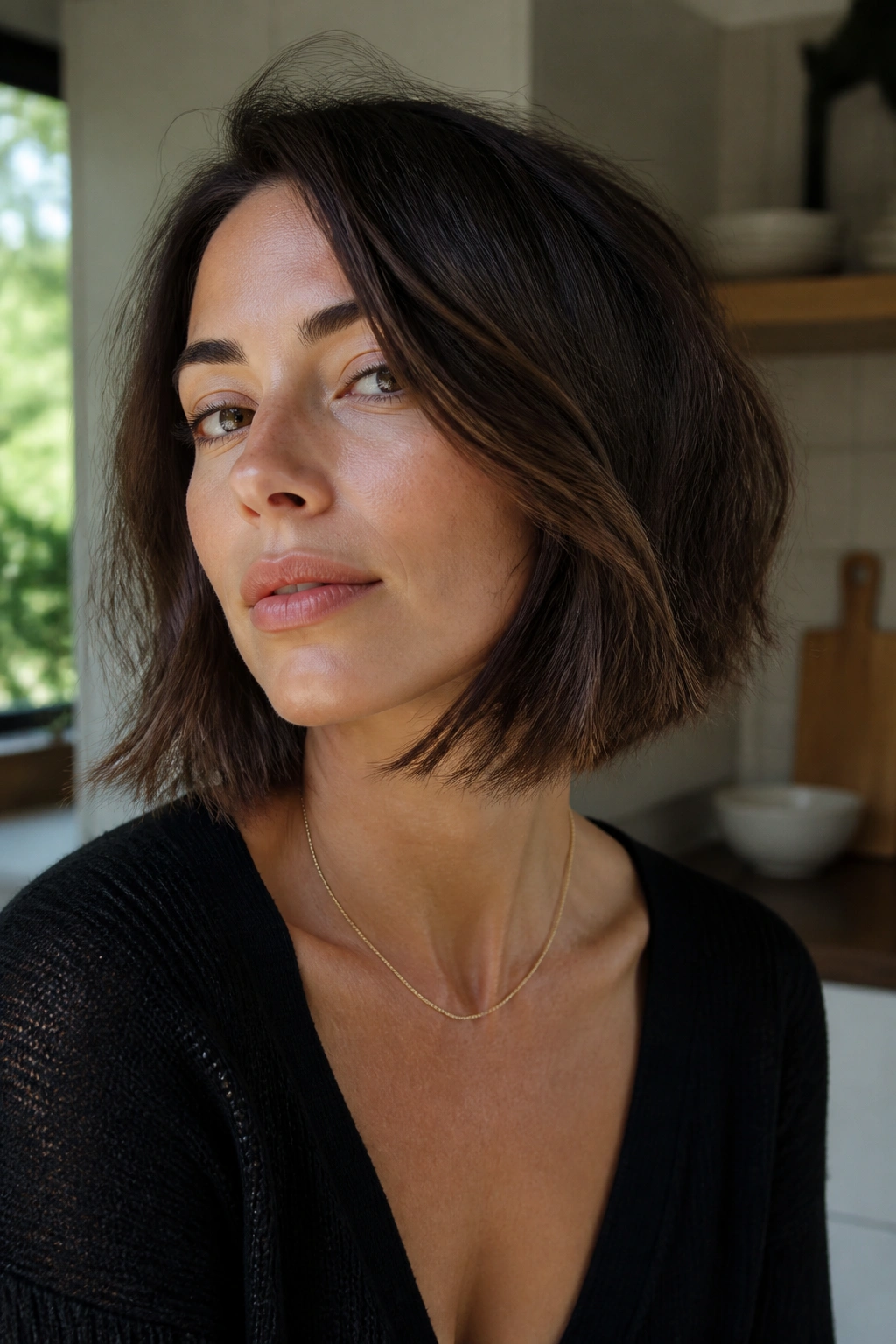 Real person with a textured bob and internal shaping in natural daylight.