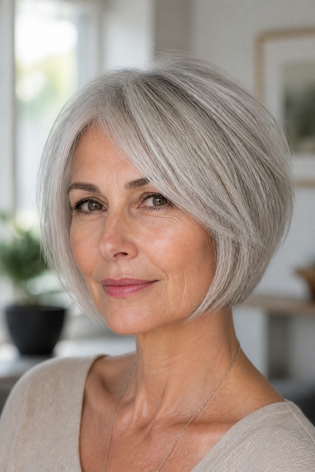 Close-up of a real person with a textured silver bob showing invisible layers and a solid outer silhouette