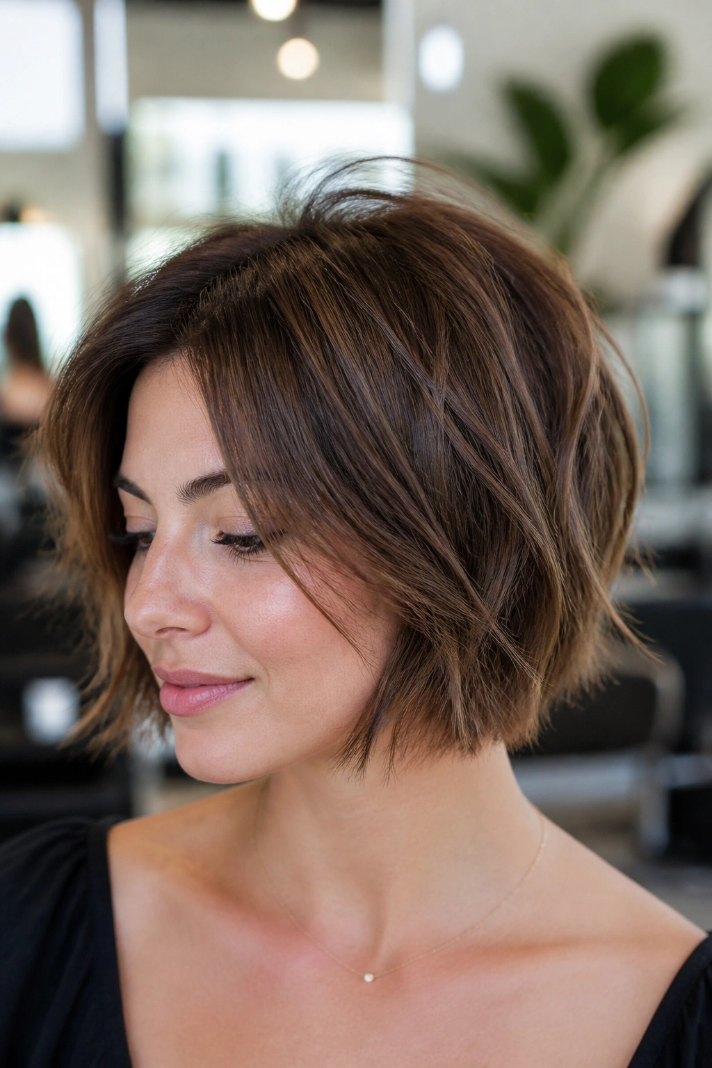 Real woman with textured bob and micro-layers at crown for lift.