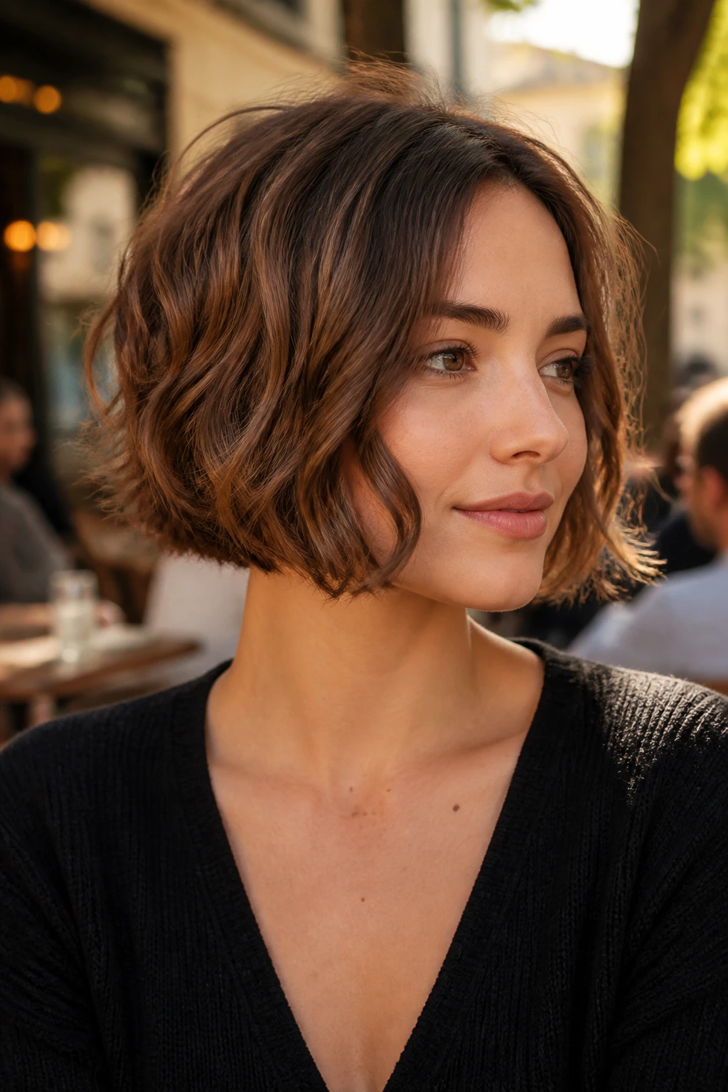Real woman textured bob with micro-flip at ends