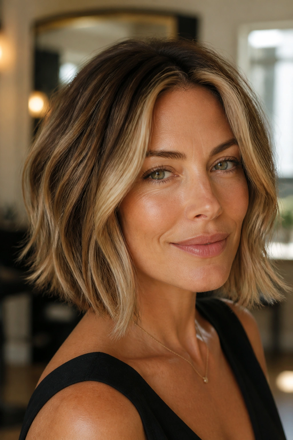 Close-up portrait of a real woman with a textured bob and money-piece highlights around the face
