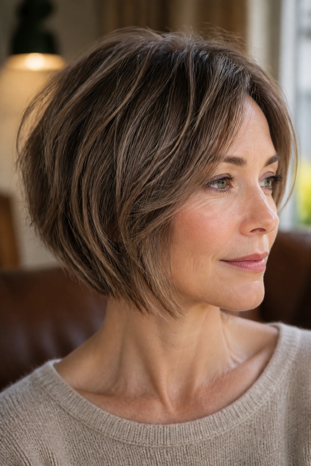 Close-up portrait of a real woman with textured graduated bob and piecey ends, soft interior light.