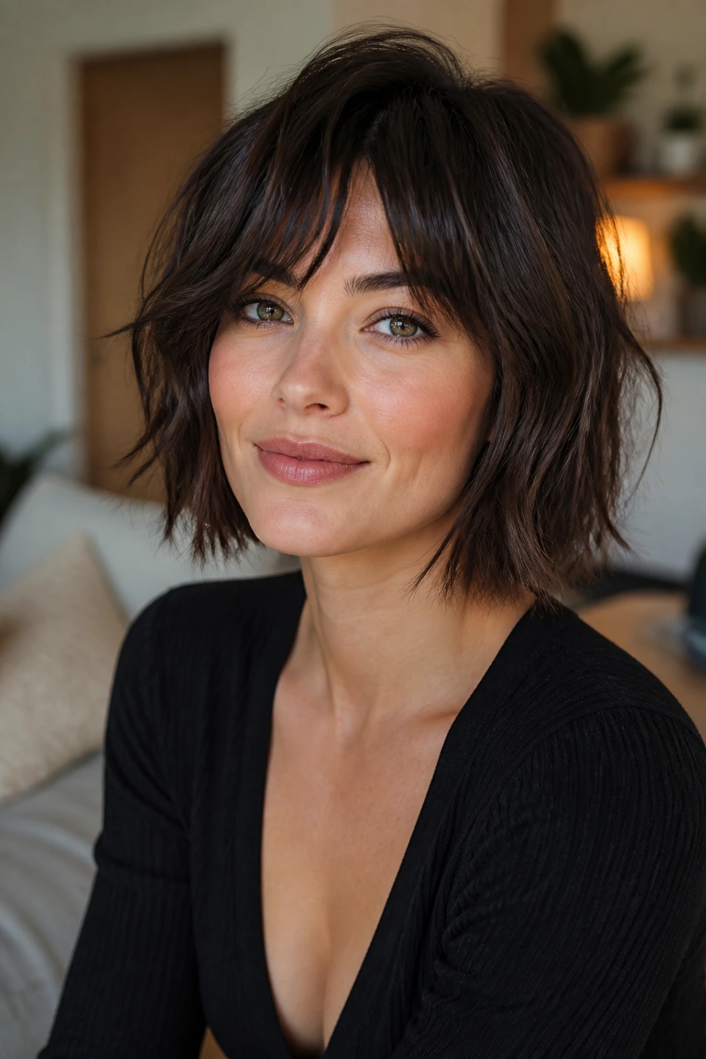 Portrait of a woman with a textured bob and piecey ends