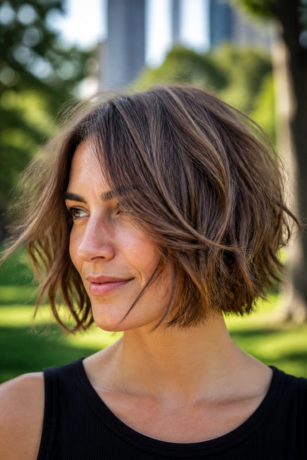 Close-up of a real woman with a textured bob and piecey ends.