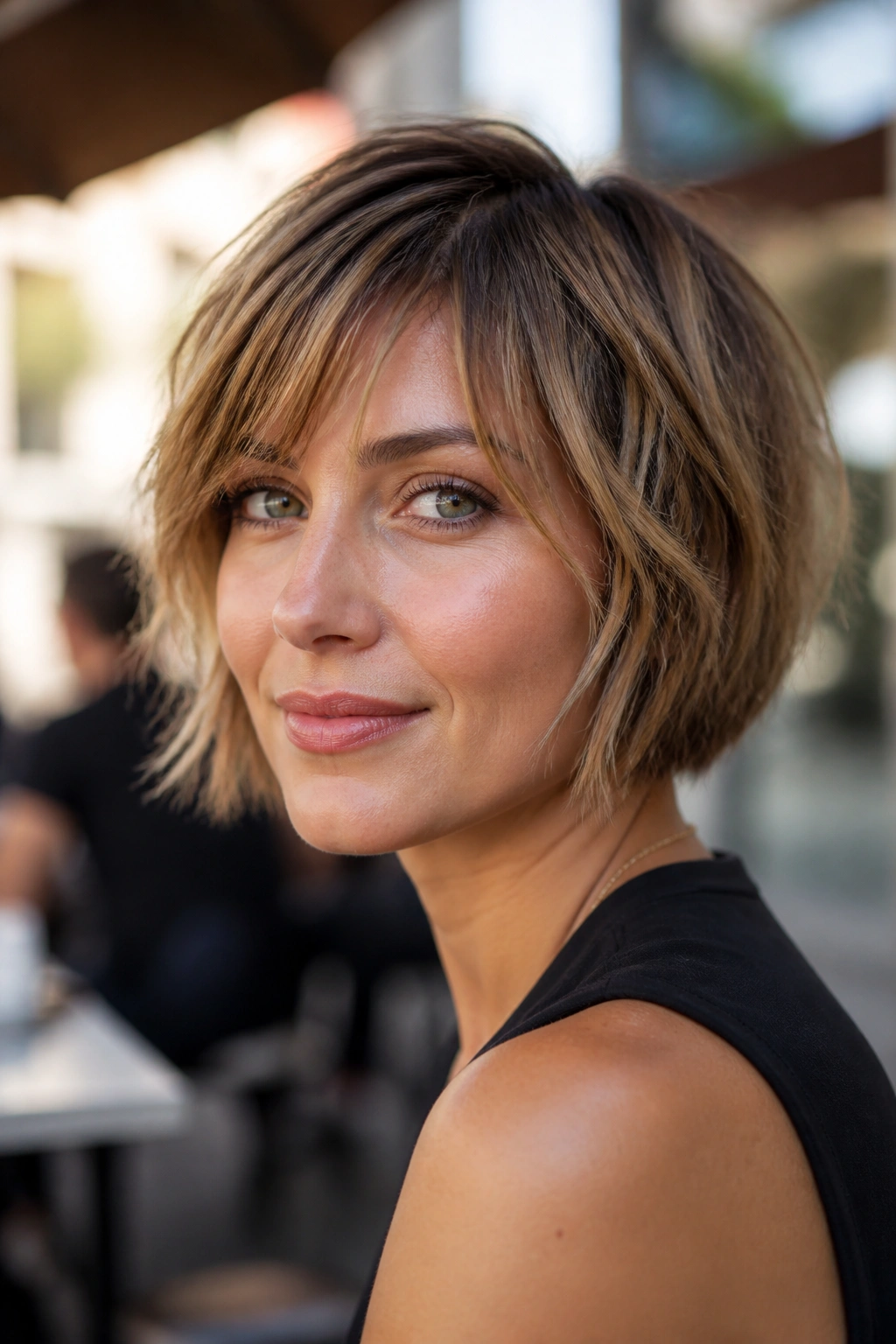 Close-up portrait of a real woman with a textured bob and piecey layers, outdoor cafe light.