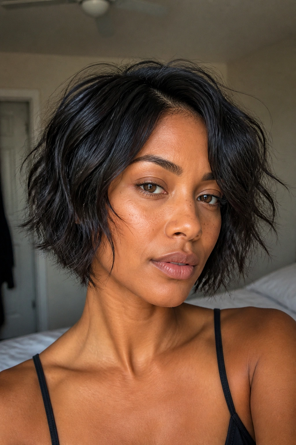 Close-up of a real woman with a textured bob and piecey waves in window light