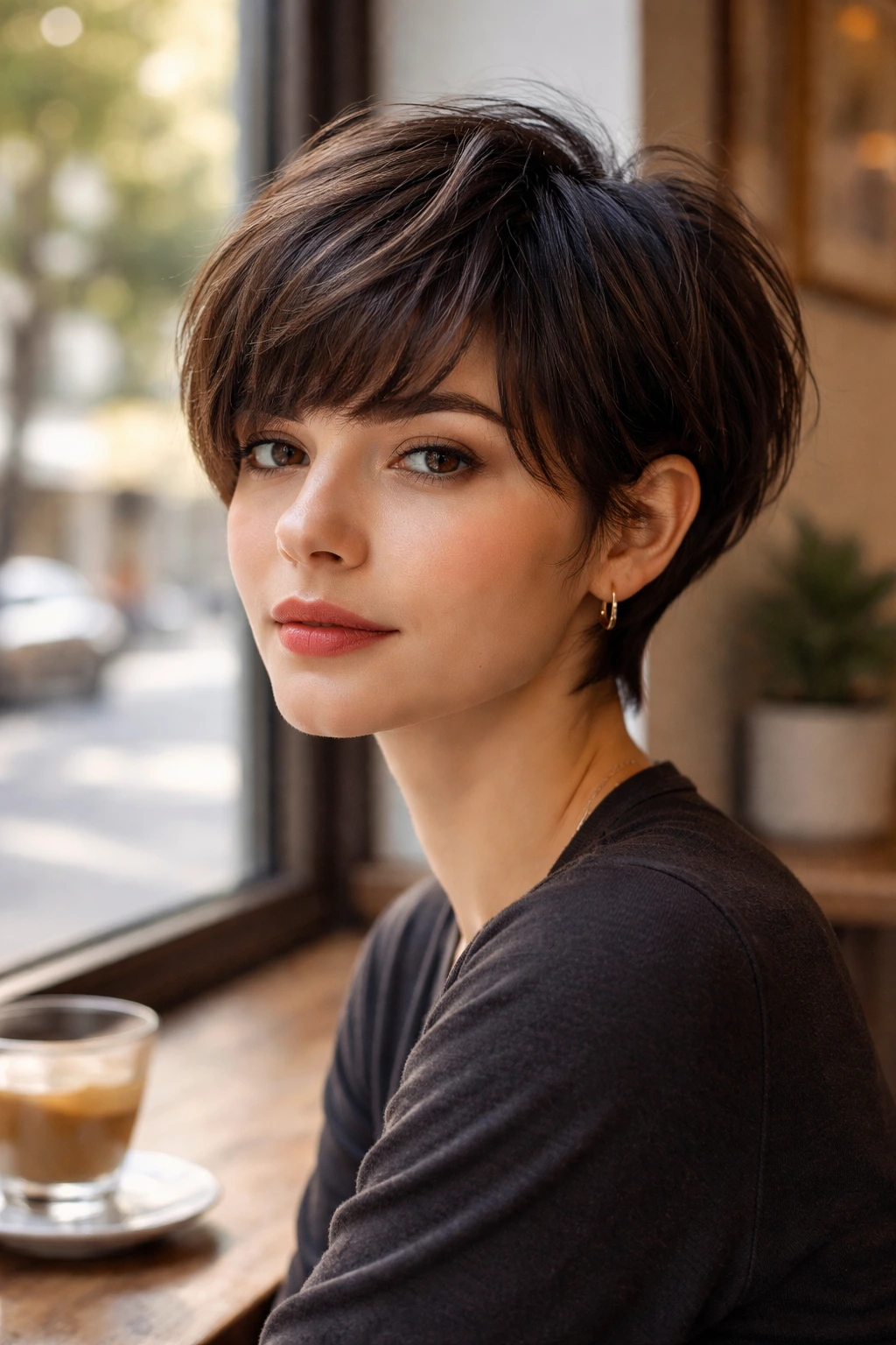 Close-up portrait of a real woman with a textured French bob-pixie hybrid hairstyle.