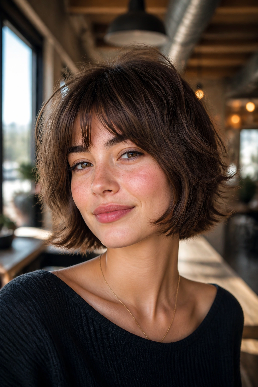 Portrait of a real woman with textured bob shag and flipped ends in a bright cafe