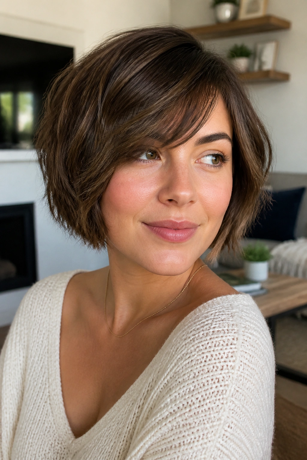 Medium close-up portrait of a person with textured bob and side sweep fringe