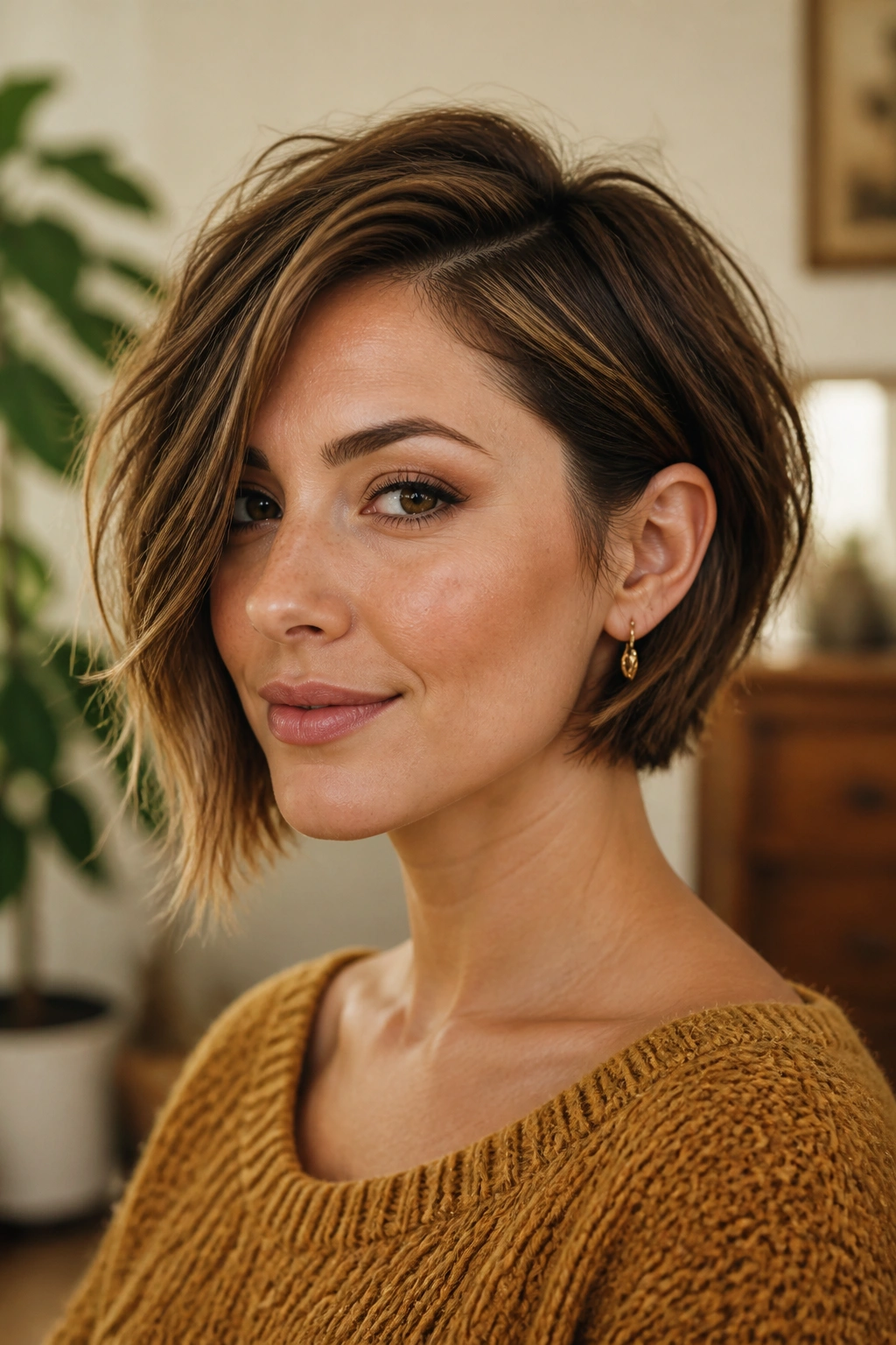 Close-up portrait of a real woman with a textured bob and one-sided ear tuck