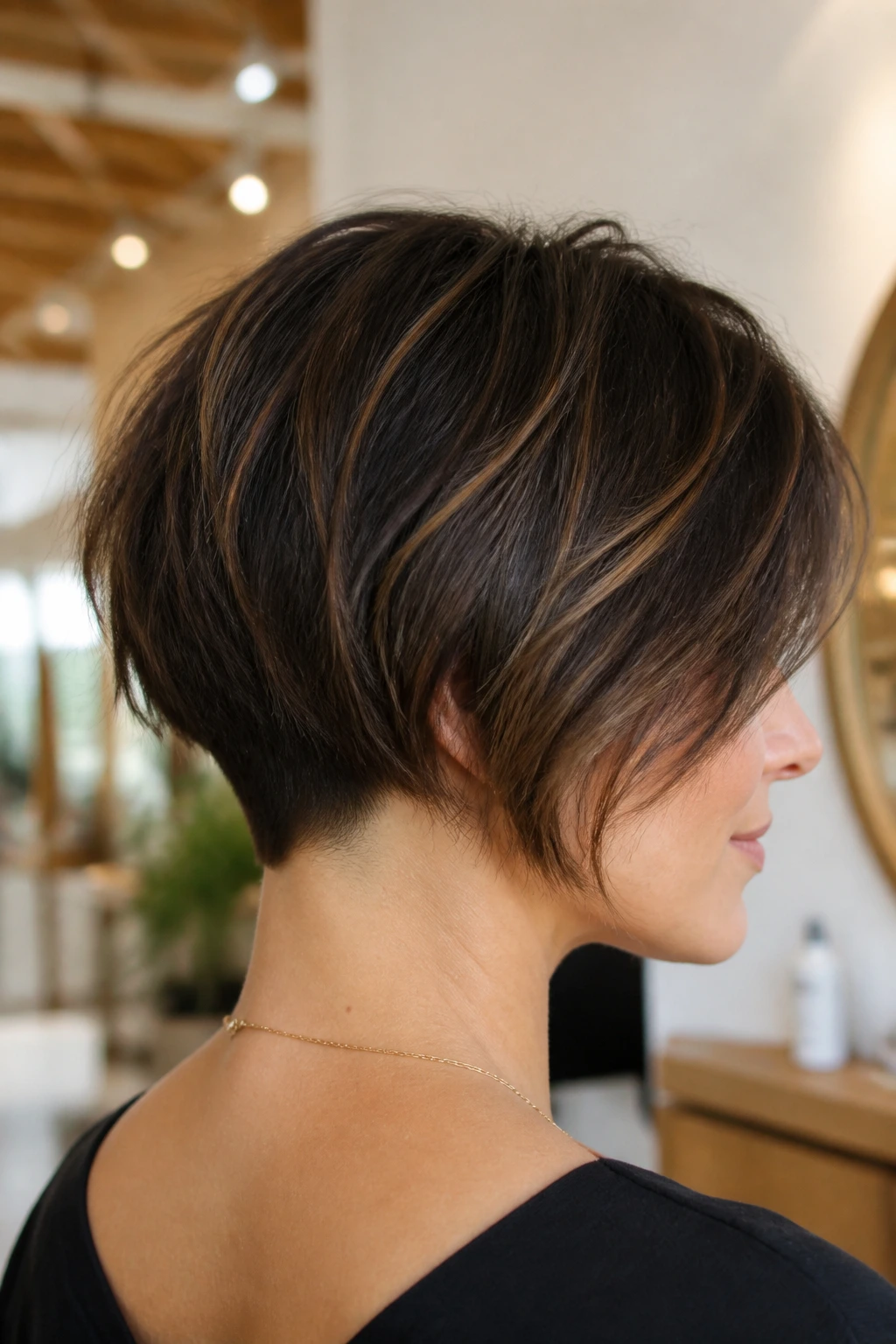 Close-up of a real woman with textured bob and tiny nape undercut in a sunlit salon