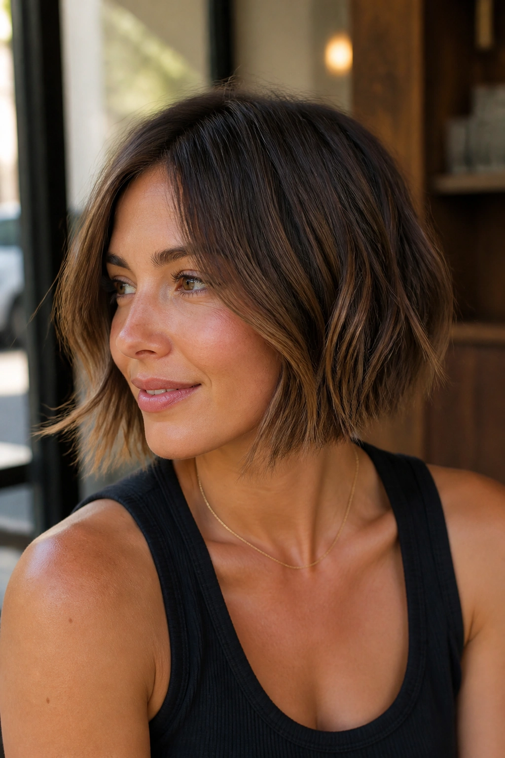 Close-up portrait of brunette with textured bob and wispy ends walnut balayage.