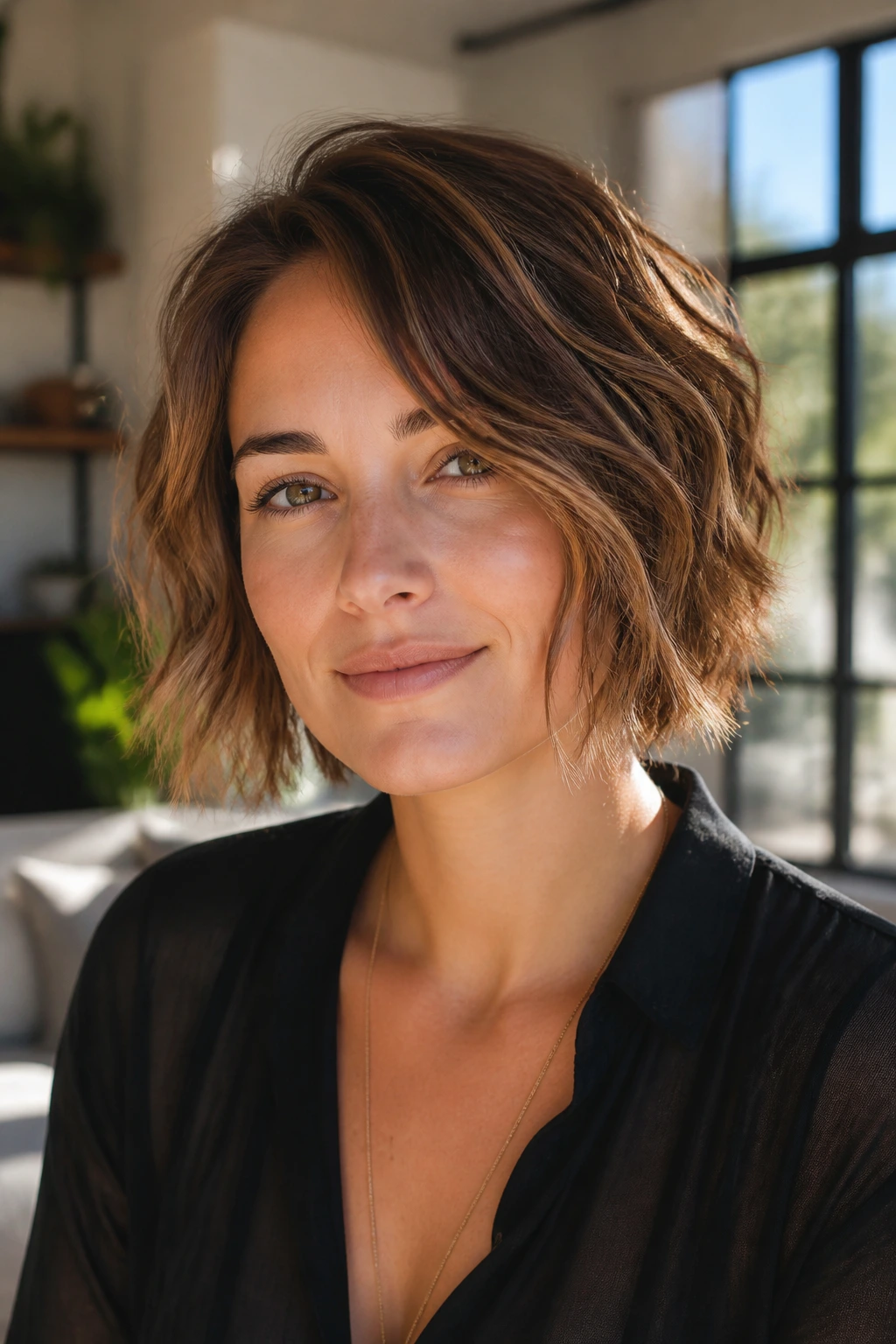 Close-up portrait of a real woman with a tousled textured bob featuring broken waves.