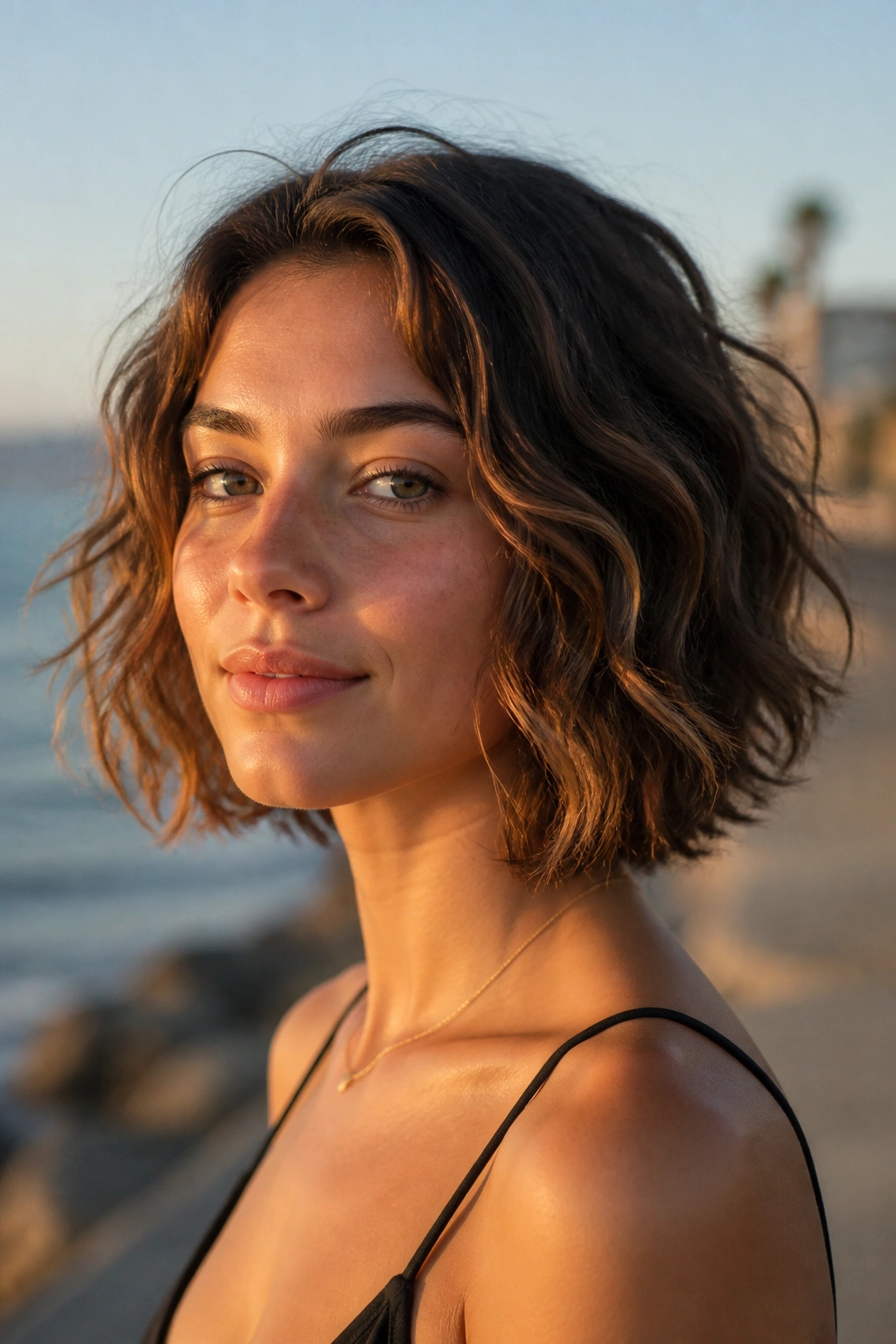 Close-up of a girl with a textured wavy bob on a seaside boardwalk at golden hour.