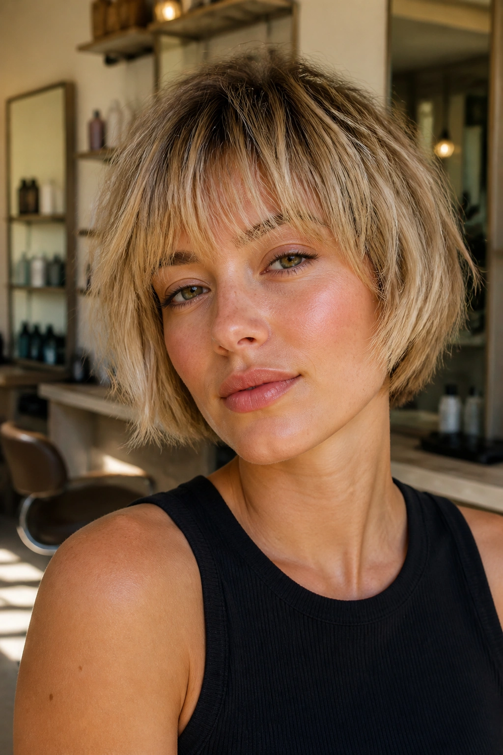Close-up portrait of a woman with a textured bowl cut and broken fringe, root-shadow blonde