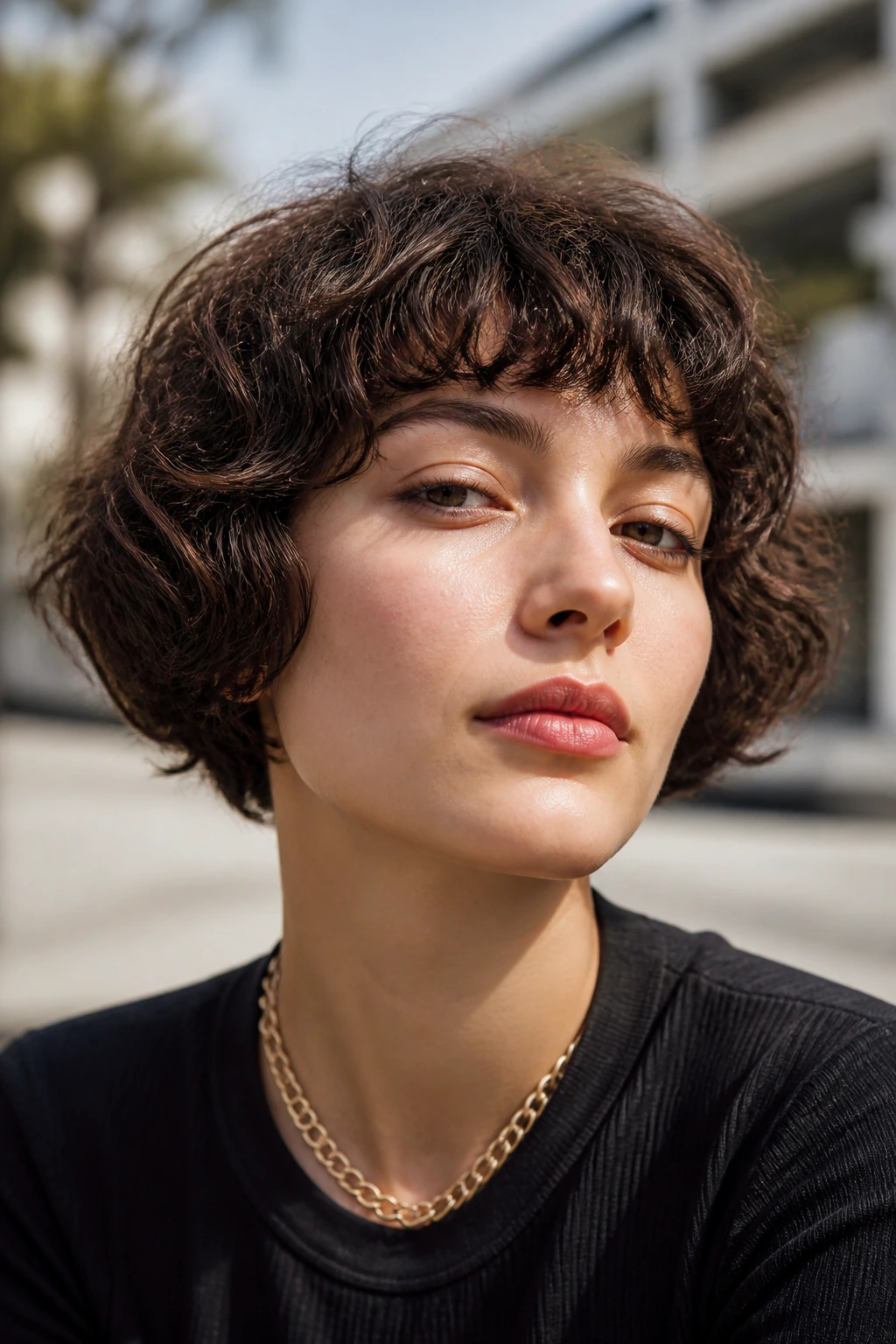 Close-up of a person with textured bowl bob and floating fringe on sunny street