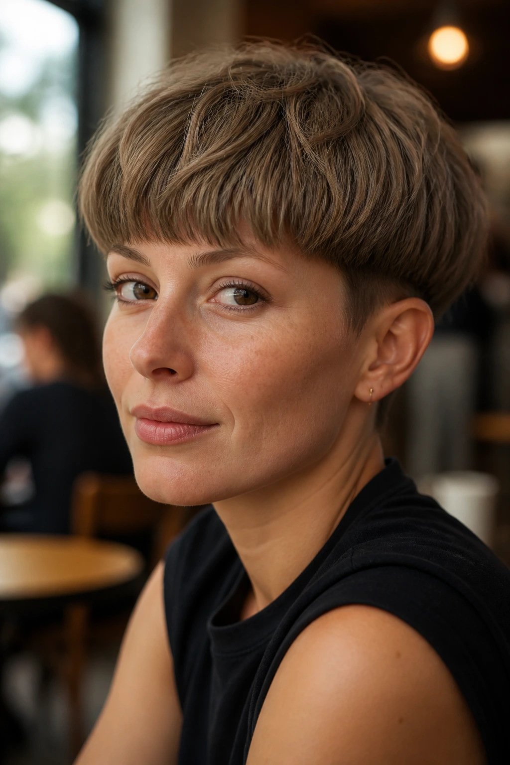 Portrait of person with textured bowl cut and softened rounded silhouette.
