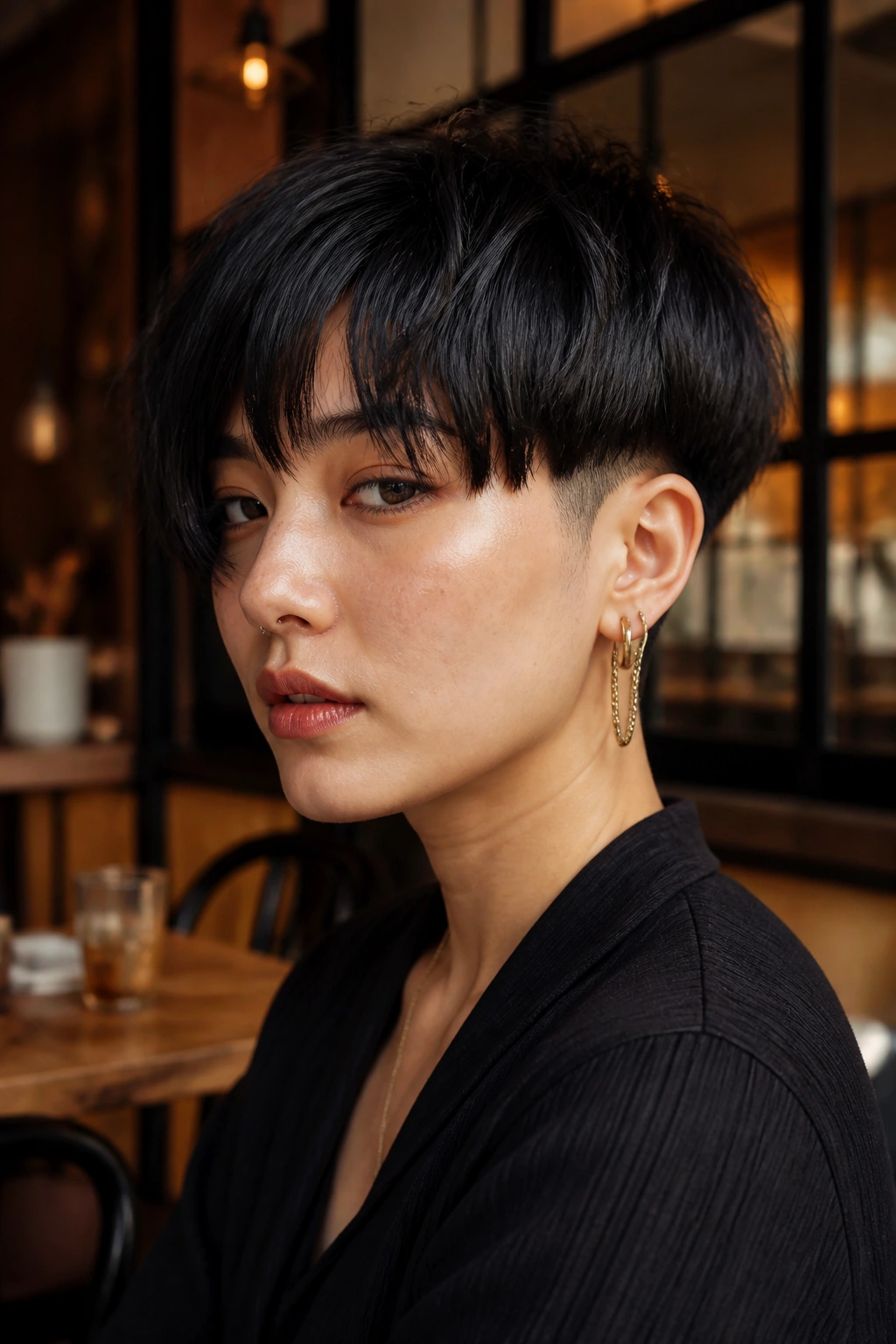 Close-up of a real person with a textured bowl cut and off-center part