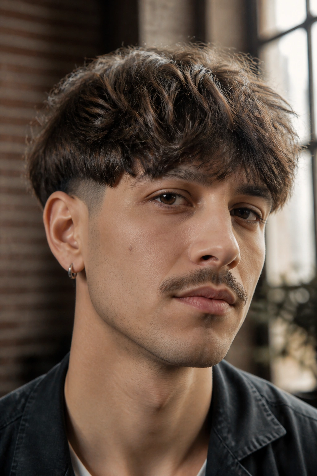 Portrait of a man with a textured bowl cut in an urban loft