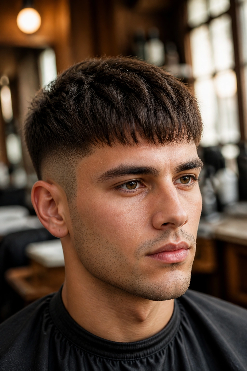 Close-up portrait of a man with a textured Caesar layered cut, short fringe and textured top, barbershop backdrop