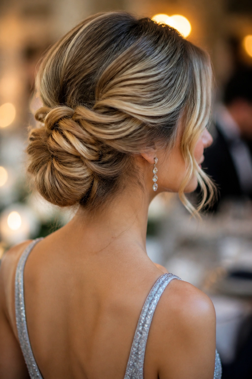 Close-up of a real woman wearing a low textured chignon with soft twists.