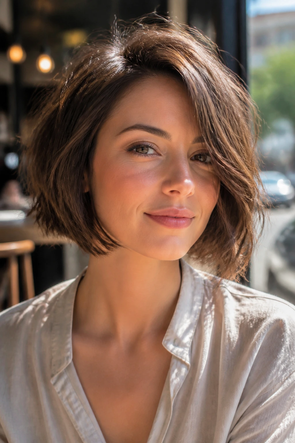 Close-up of a real woman with a textured chin-length bob.