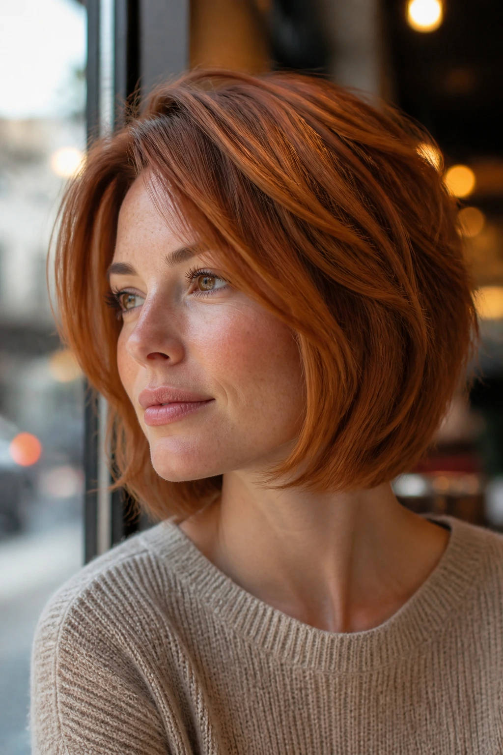 Close-up of a real woman with textured copper auburn layered bob.