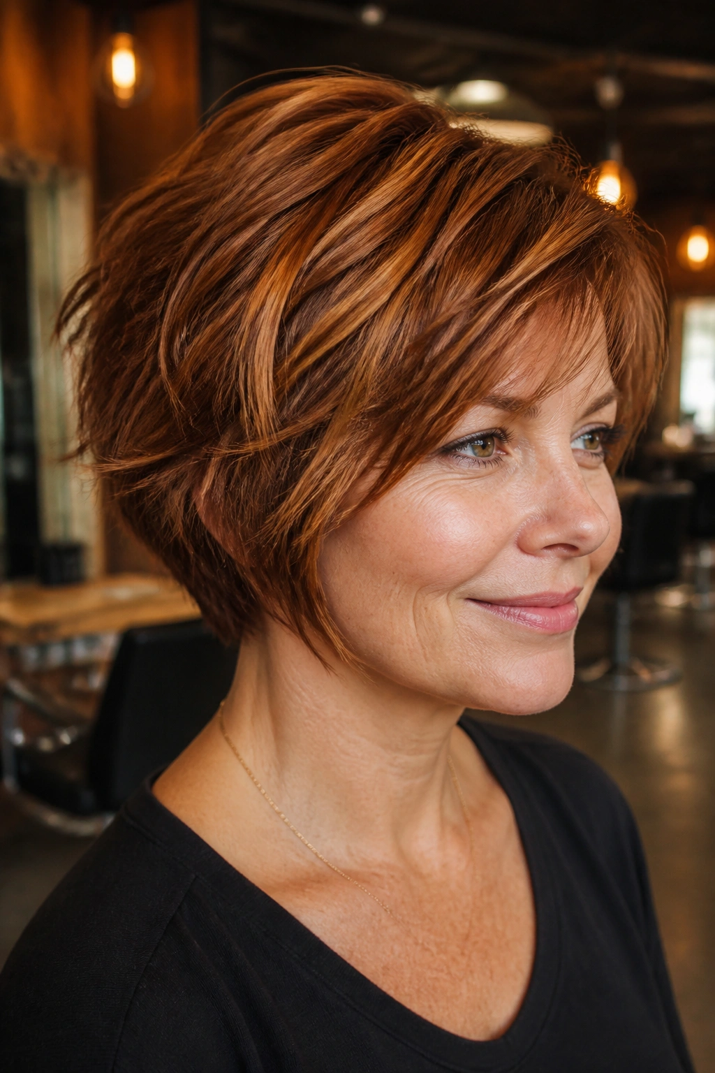 Close-up of a real woman with textured copper bob and choppy layers in a warm salon